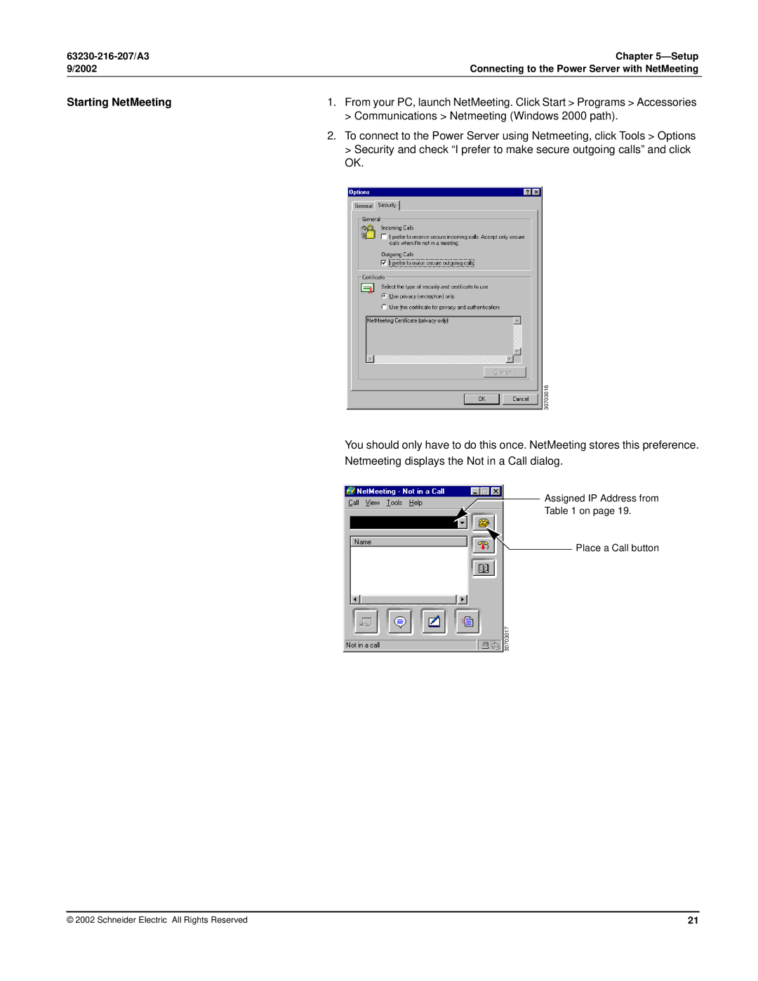 Schneider Electric PWRSRV750, PWRSRV710 setup guide Starting NetMeeting, Communications Netmeeting Windows 2000 path 