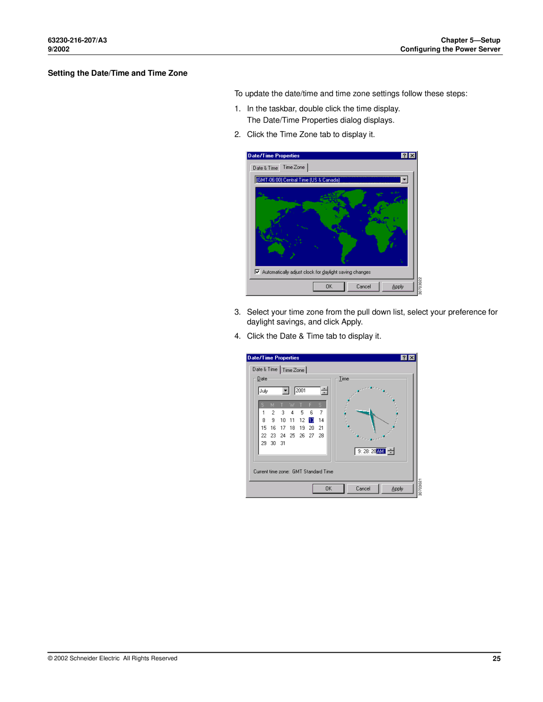 Schneider Electric PWRSRV750, PWRSRV710 setup guide Setting the Date/Time and Time Zone 