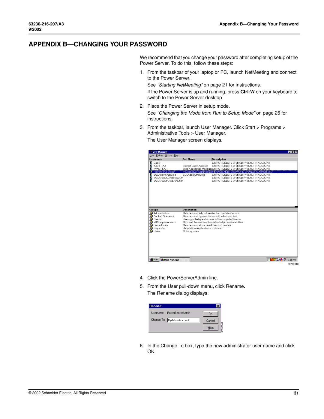 Schneider Electric PWRSRV750, PWRSRV710 setup guide Appendix B-CHANGING Your Password 