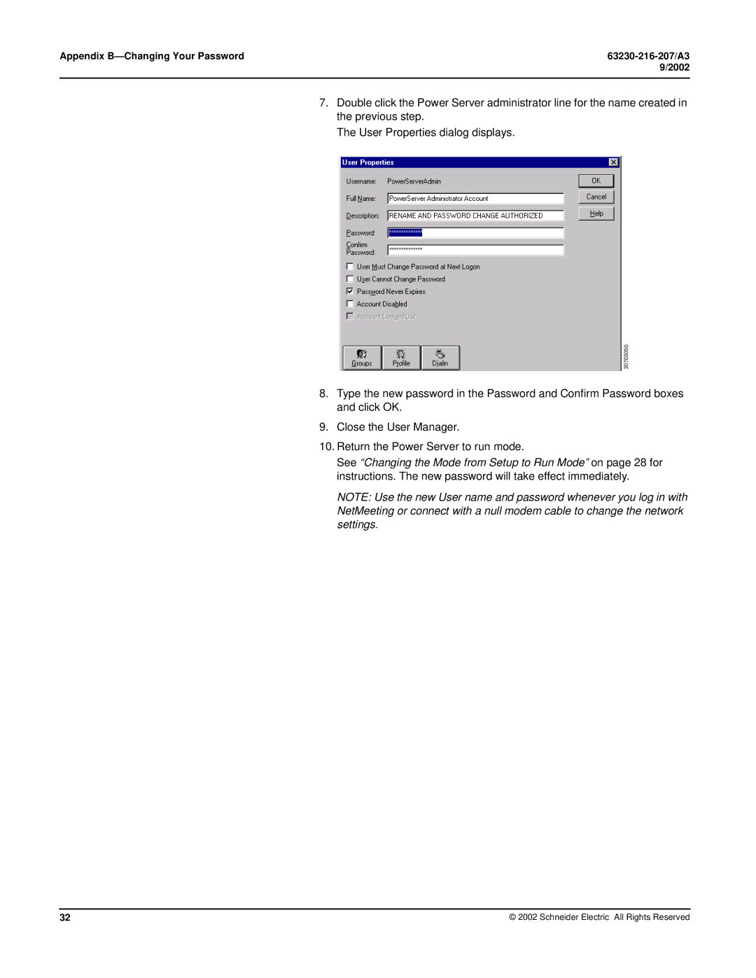 Schneider Electric PWRSRV710, PWRSRV750 setup guide Appendix B-Changing Your Password 63230-216-207/A3 2002 