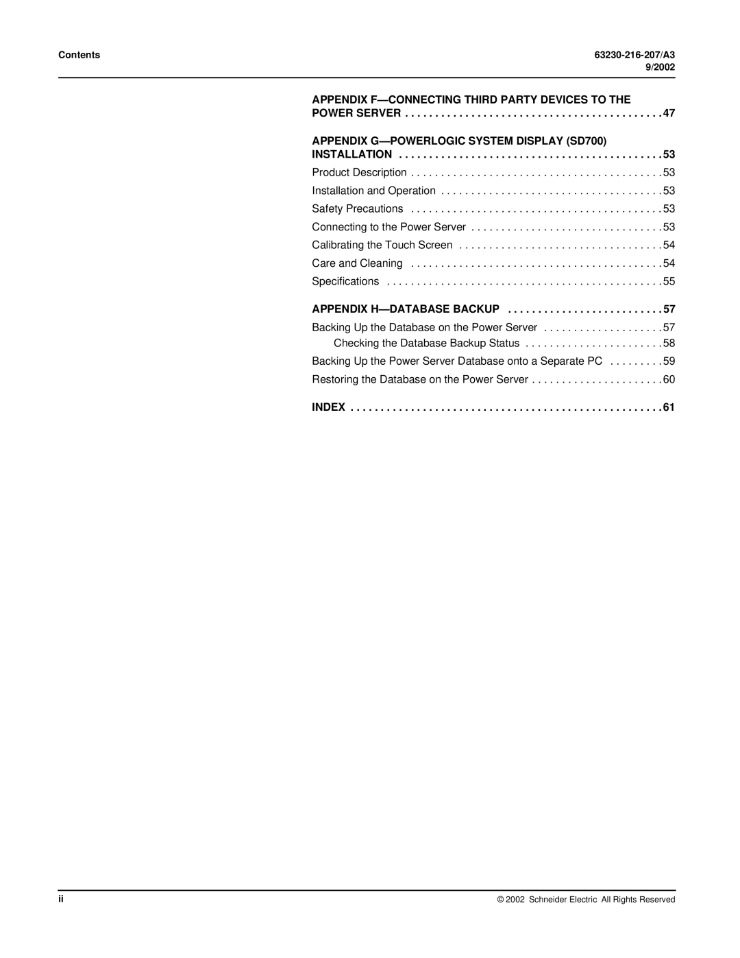 Schneider Electric PWRSRV710, PWRSRV750 setup guide Power Server, Installation, Appendix H-DATABASE Backup, Index 