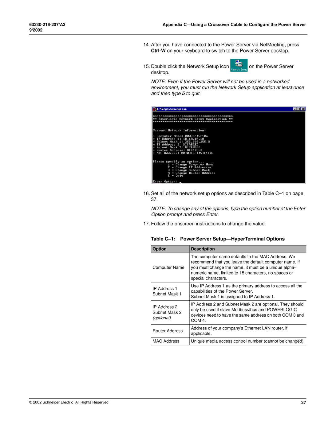 Schneider Electric PWRSRV750, PWRSRV710 setup guide Table C-1 Power Server Setup-HyperTerminal Options 