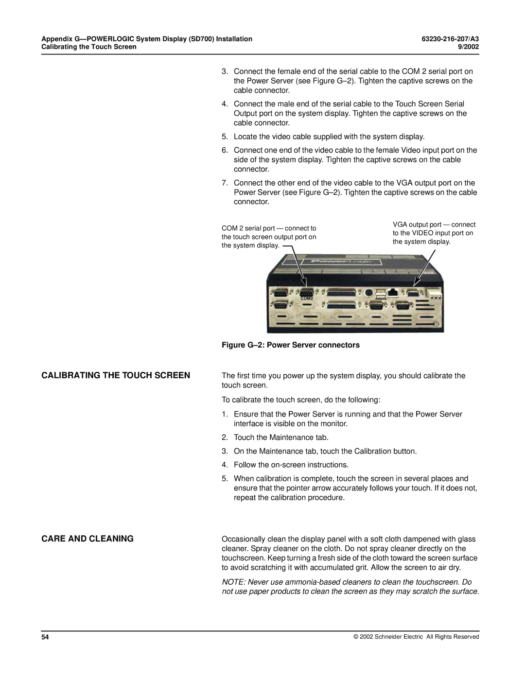 Schneider Electric PWRSRV710, PWRSRV750 setup guide Calibrating the Touch Screen, Care and Cleaning 