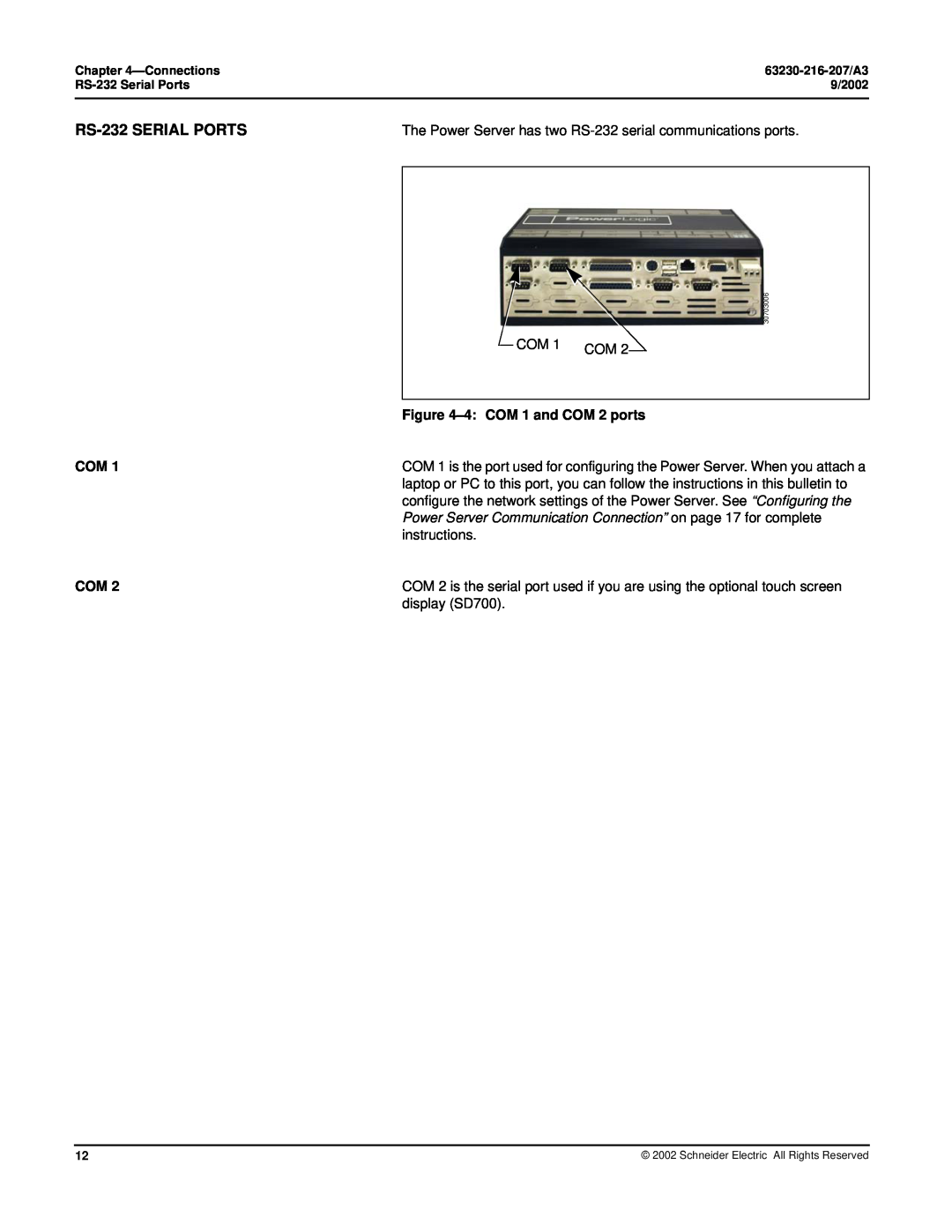 Schneider Electric PWRSRV710, PWRSRV750 setup guide RS-232 SERIAL PORTS, 4 COM 1 and COM 2 ports 
