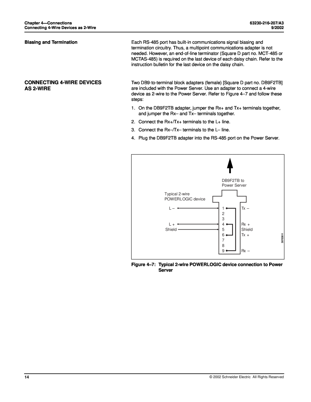 Schneider Electric PWRSRV710, PWRSRV750 setup guide CONNECTING 4-WIRE DEVICES AS 2-WIRE, Biasing and Termination 