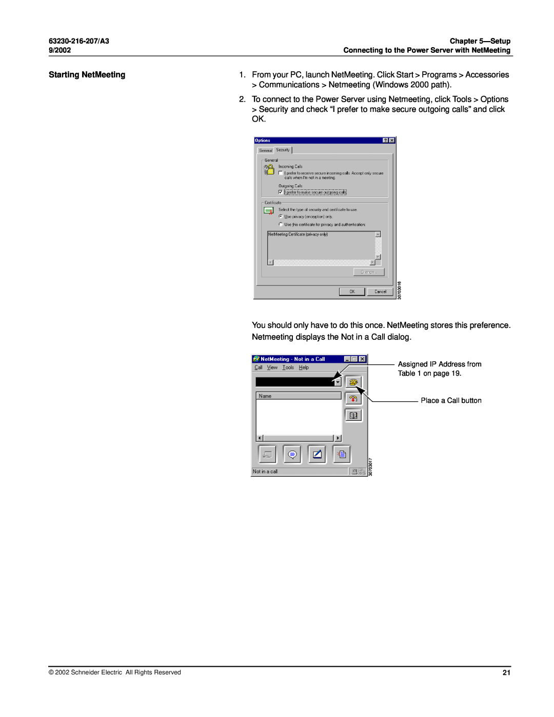 Schneider Electric PWRSRV750 Starting NetMeeting, Communications Netmeeting Windows 2000 path, 63230-216-207/A3, Setup 