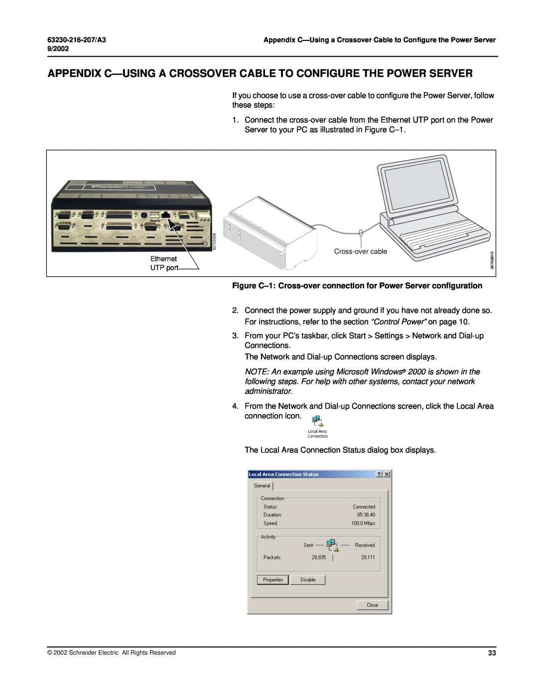 Schneider Electric PWRSRV750, PWRSRV710 setup guide Appendix C-Using A Crossover Cable To Configure The Power Server 