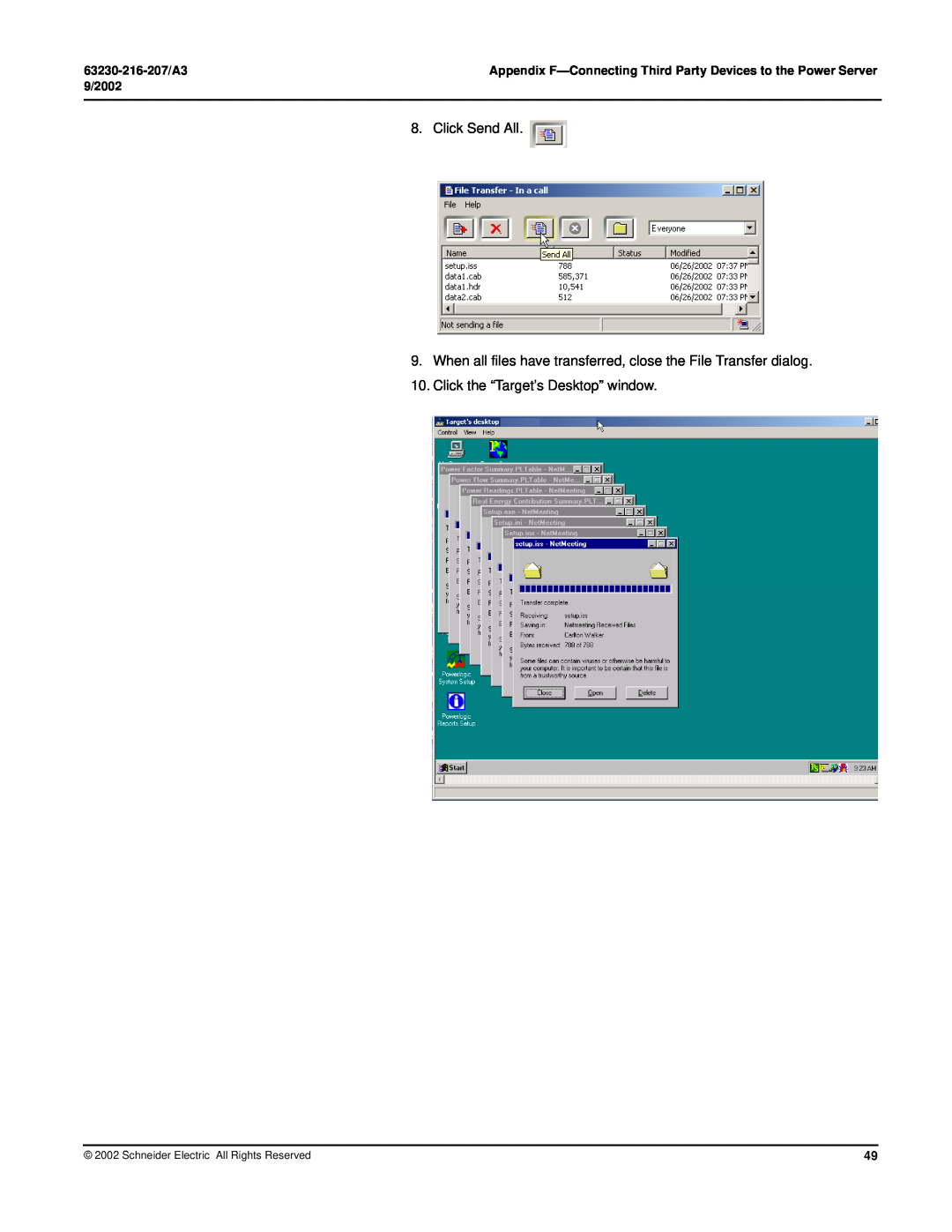 Schneider Electric PWRSRV750 Click Send All, When all files have transferred, close the File Transfer dialog, 9/2002 