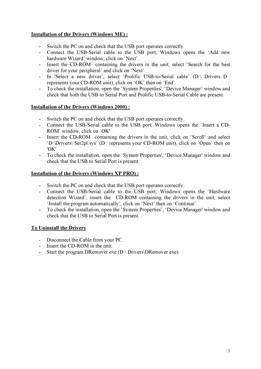 Schneider Electric RS232 manual Installation of the Drivers Windows ME, Installation of the Drivers Windows XP PRO 