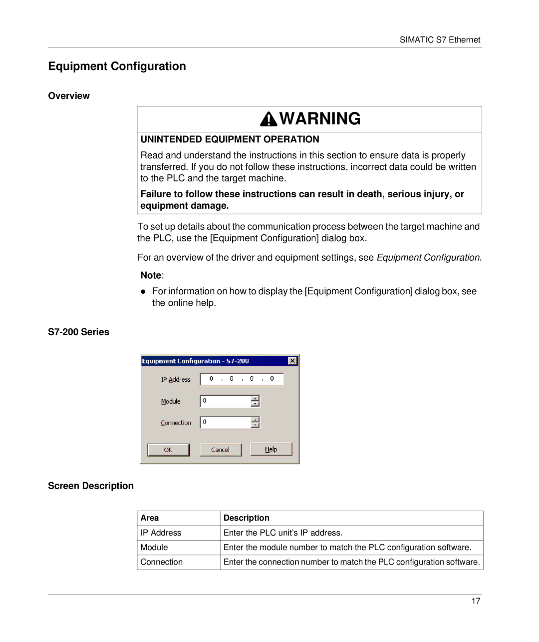 Schneider Electric manual Equipment Configuration, S7-200 Series Screen Description 