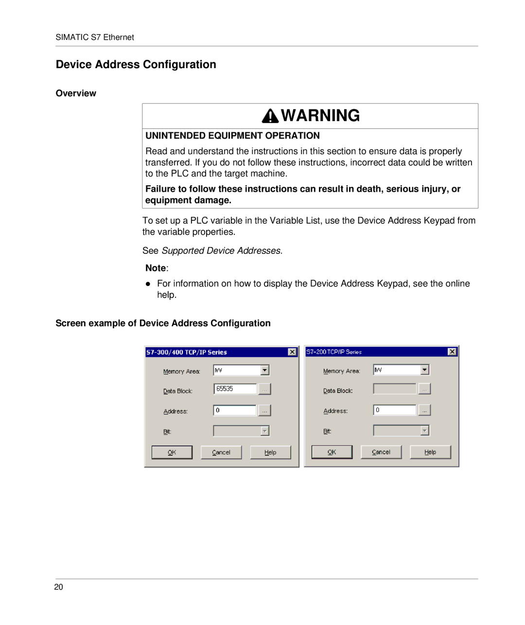 Schneider Electric S7 manual Screen example of Device Address Configuration 