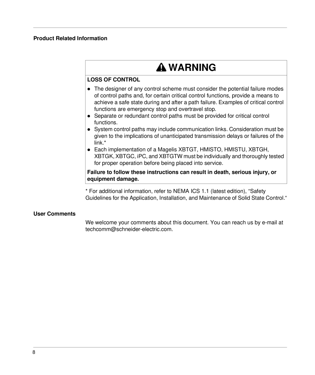 Schneider Electric S7 manual Product Related Information, User Comments 