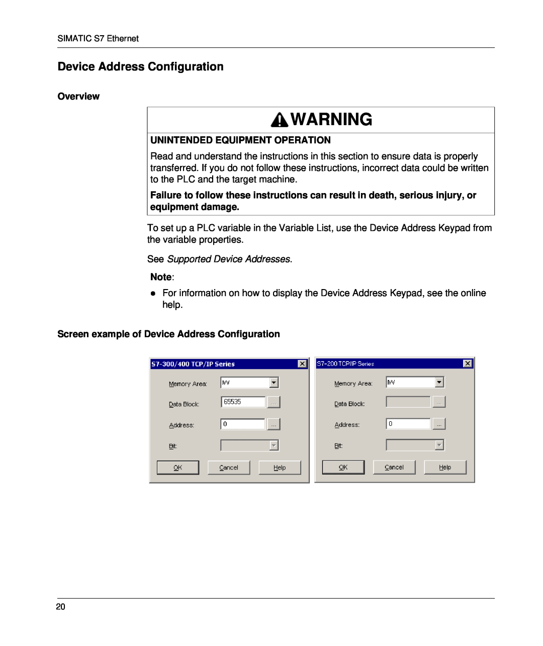Schneider Electric S7 manual Screen example of Device Address Configuration, Overview, Unintended Equipment Operation 