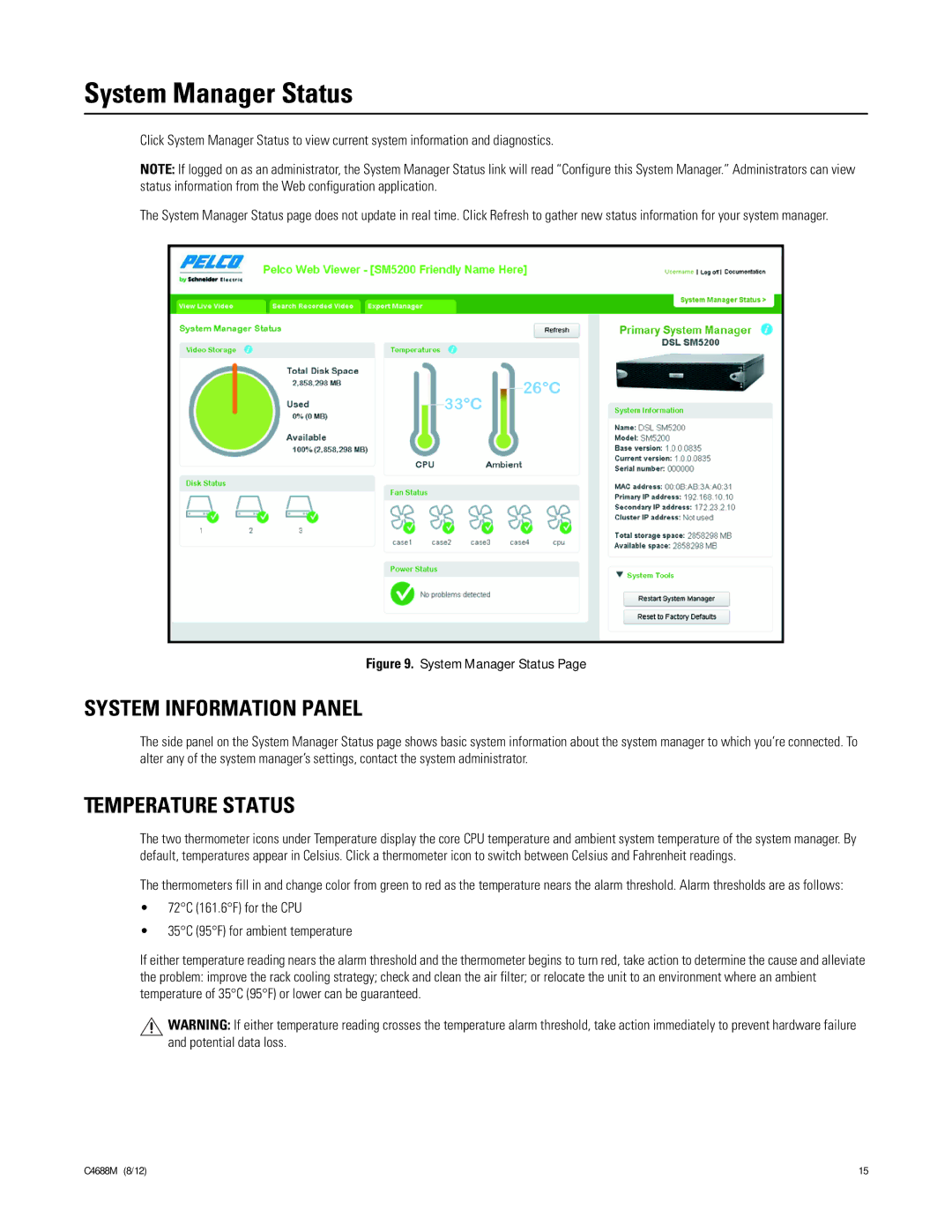 Schneider Electric SM5200 manual System Manager Status, System Information Panel, Temperature Status 