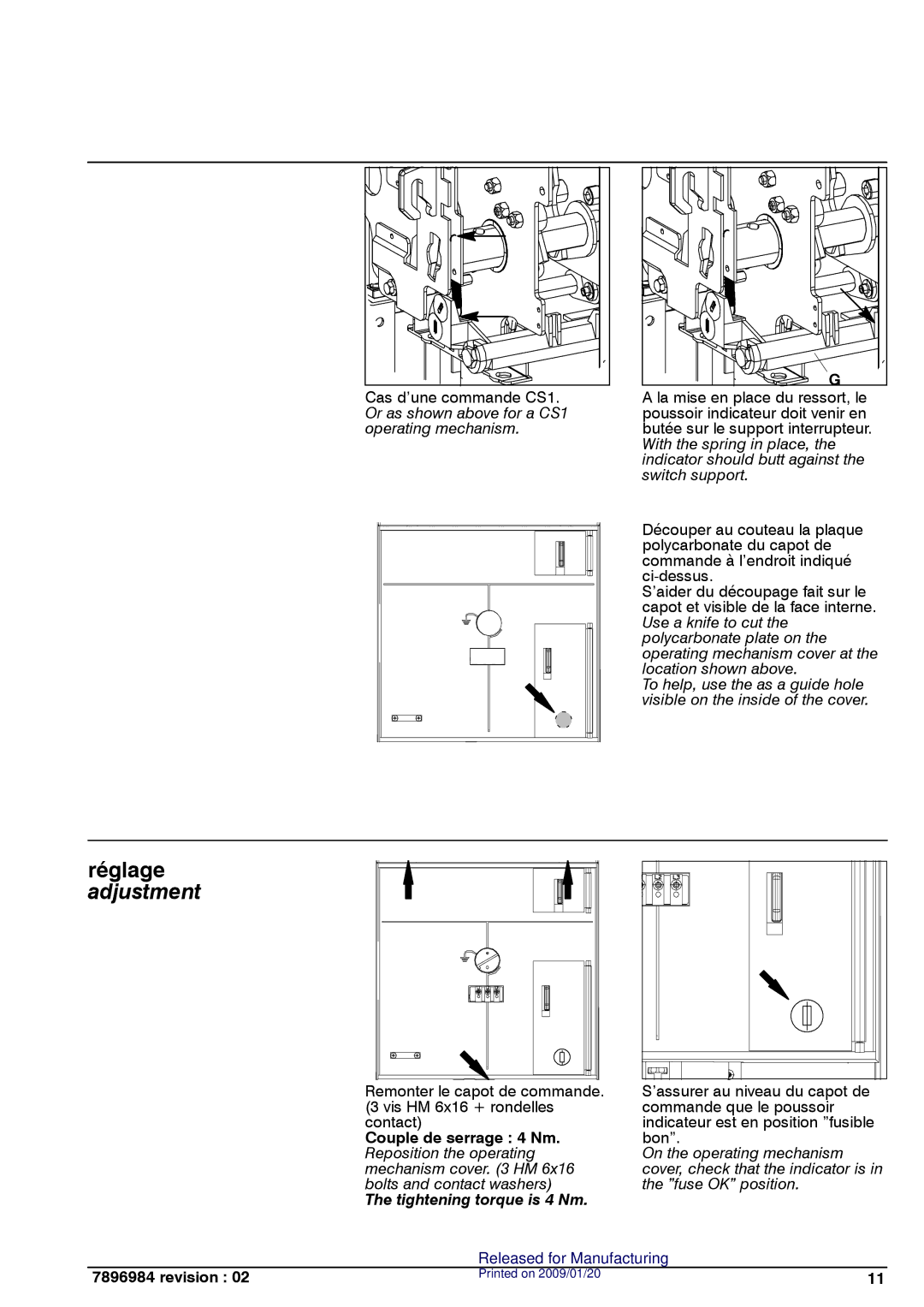 Schneider Electric SM6 manual Réglage adjustment, Tightening torque is 4 Nm 