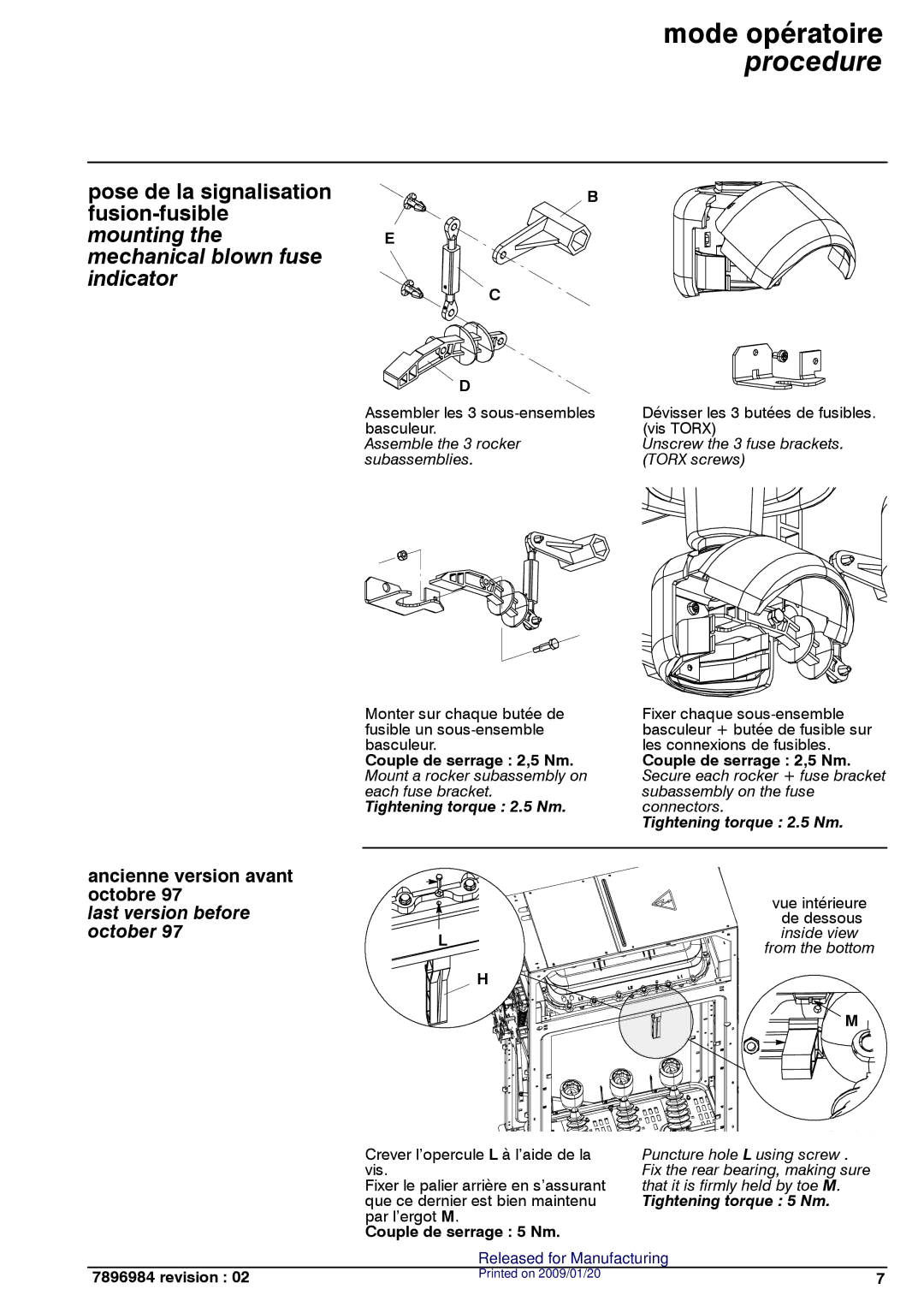 Schneider Electric SM6 manual Mode opératoire procedure, Last version before october, Tightening torque 2.5 Nm 