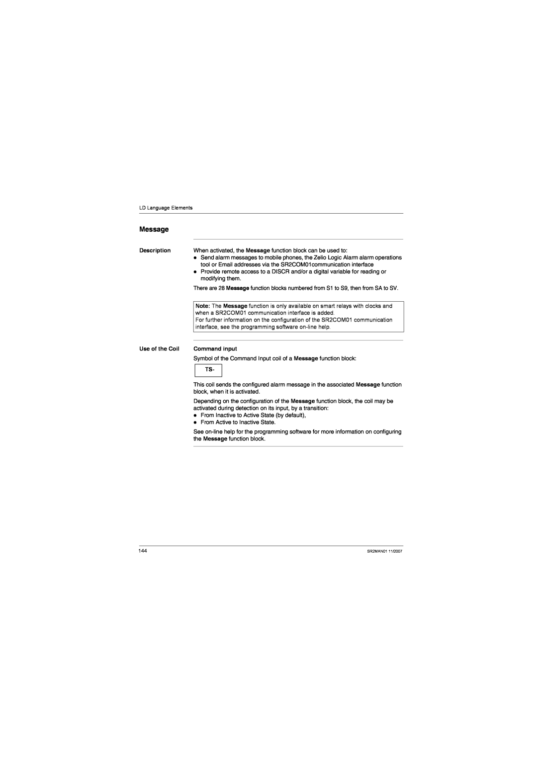 Schneider Electric SR2MAN01 user manual Message, Description, Use of the Coil, Command input 