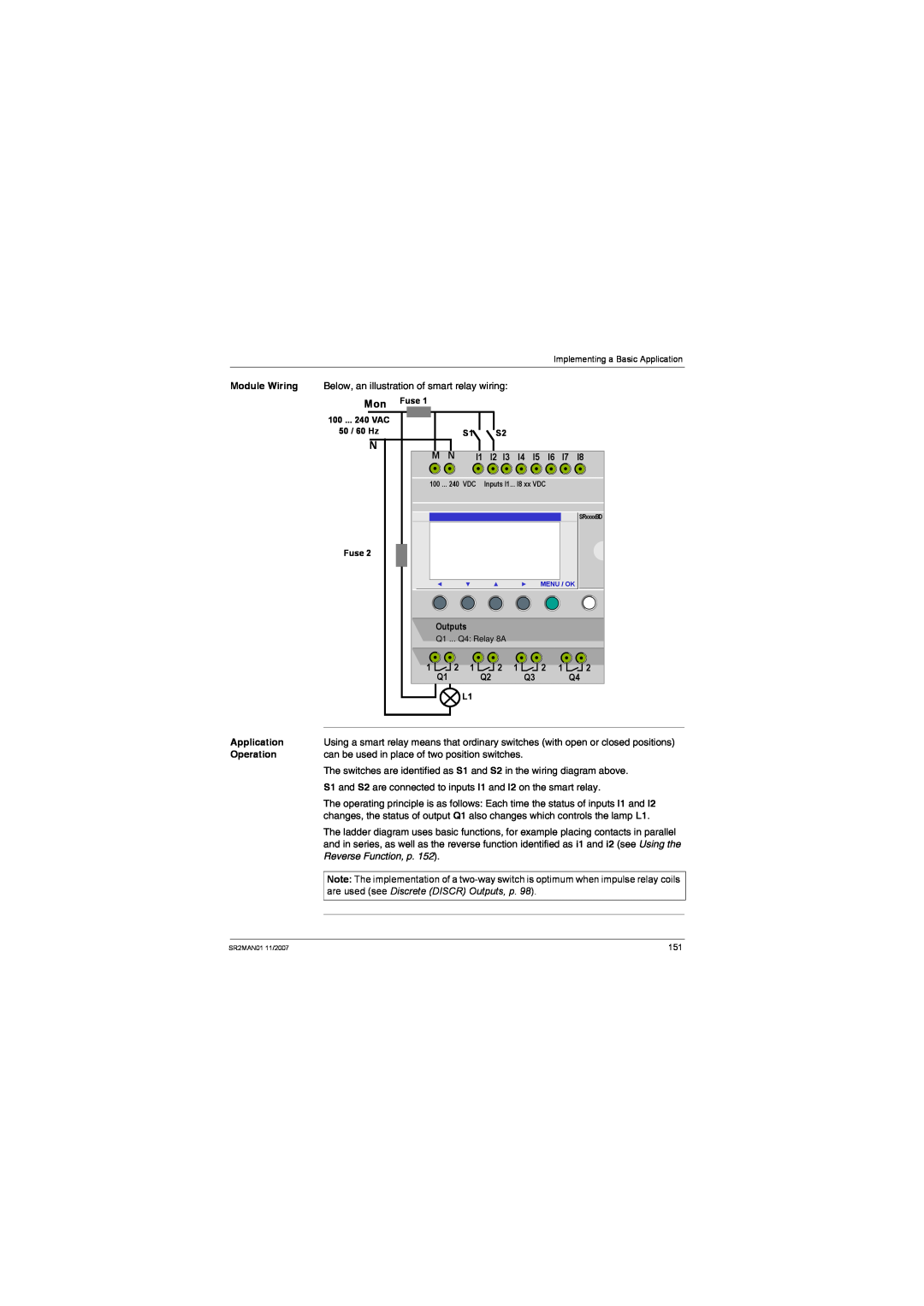 Schneider Electric SR2MAN01 user manual I1 I2, I4 I5 I6 I7, Outputs, Application, Operation 