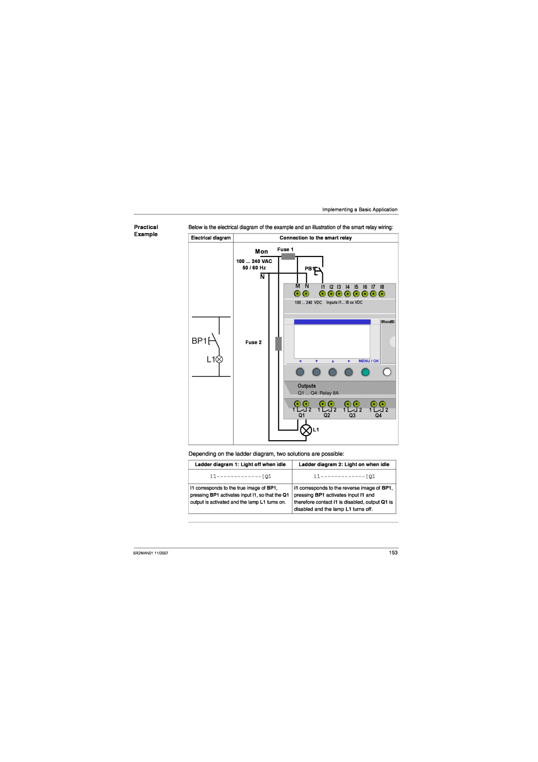 Schneider Electric SR2MAN01 Practical Example, I2 I3 I4 I5 I6 I7, Outputs, Q1 ... Q4 Relay 8A, Electrical diagram 