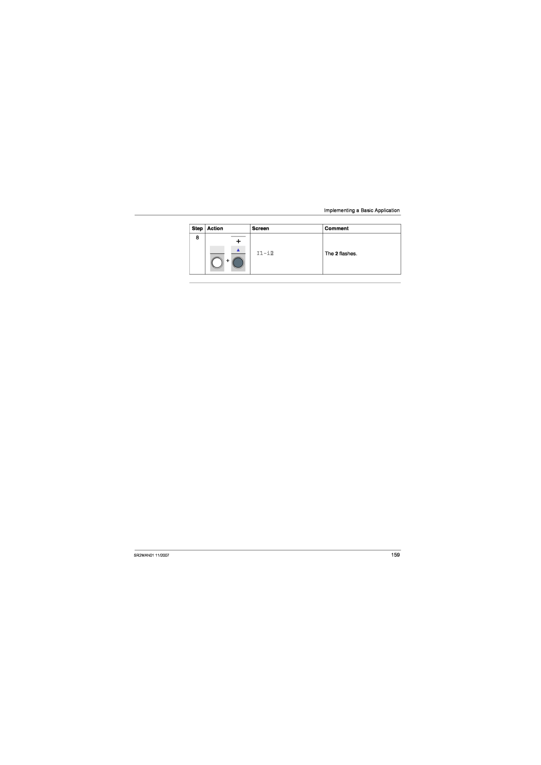 Schneider Electric user manual Implementing a Basic Application, Step Action, Screen, The 2 flashes, SR2MAN01 11/2007 