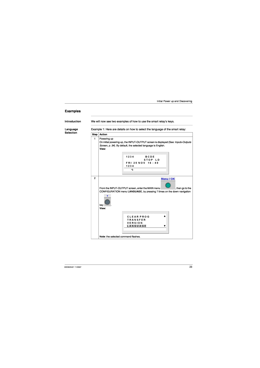 Schneider Electric SR2MAN01 user manual Examples, Introduction Language Selection, Menu / OK, Step Action, View 