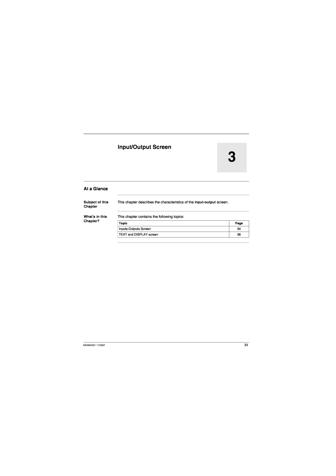 Schneider Electric SR2MAN01 Input/Output Screen, At a Glance, Subject of this Chapter Whats in this Chapter?, Topic, Page 