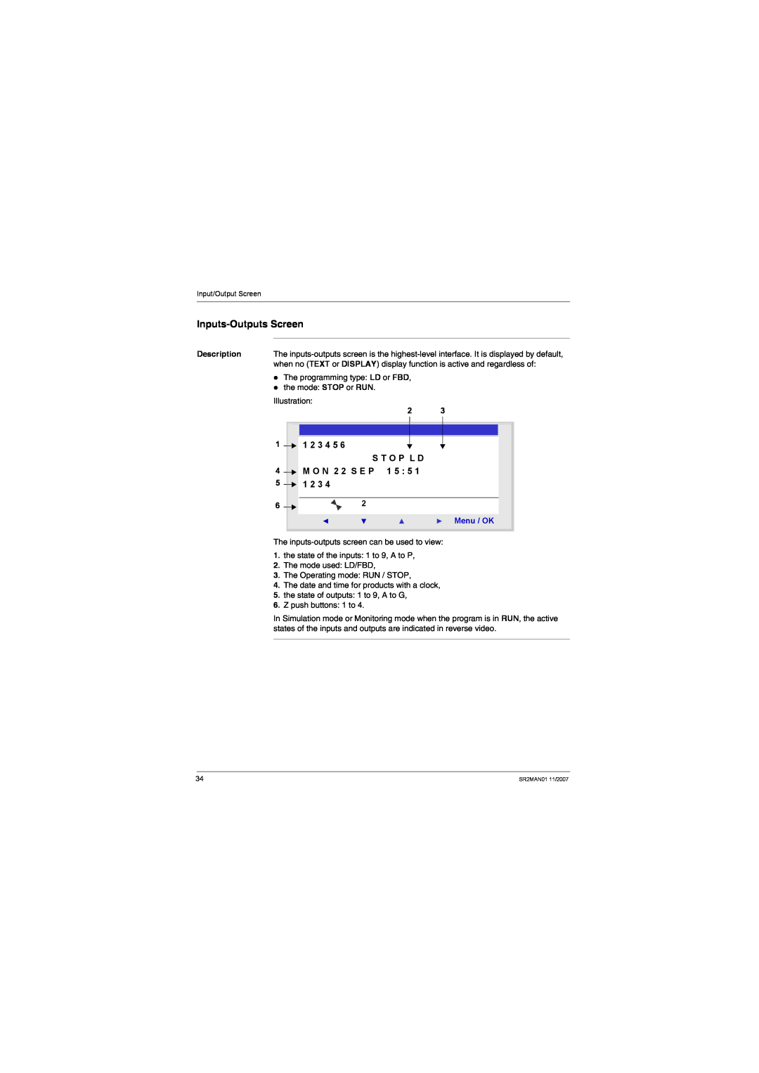 Schneider Electric SR2MAN01 user manual Inputs-Outputs Screen, Description, Menu / OK 