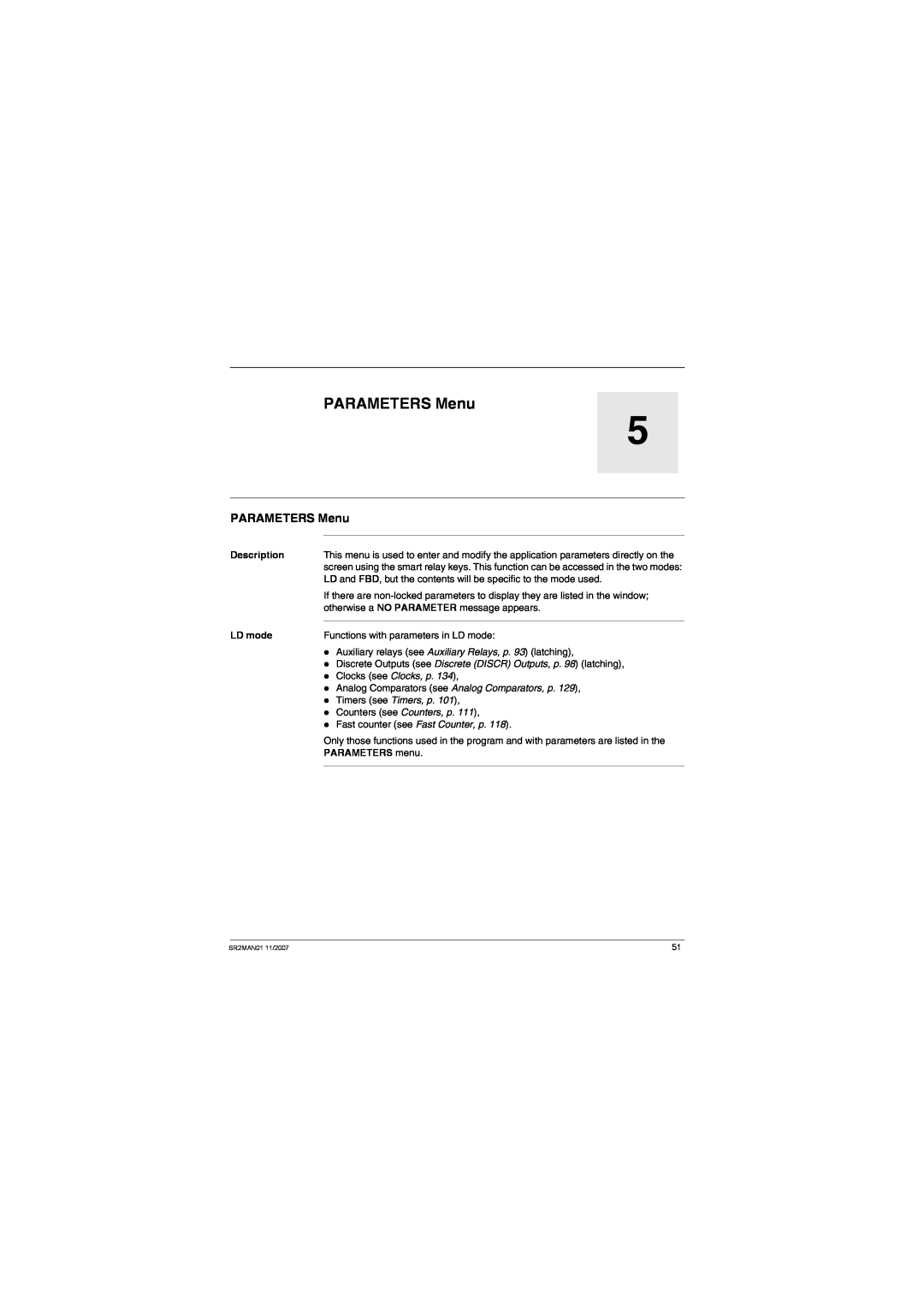Schneider Electric SR2MAN01 user manual PARAMETERS Menu, Description, LD mode, PARAMETERS menu 