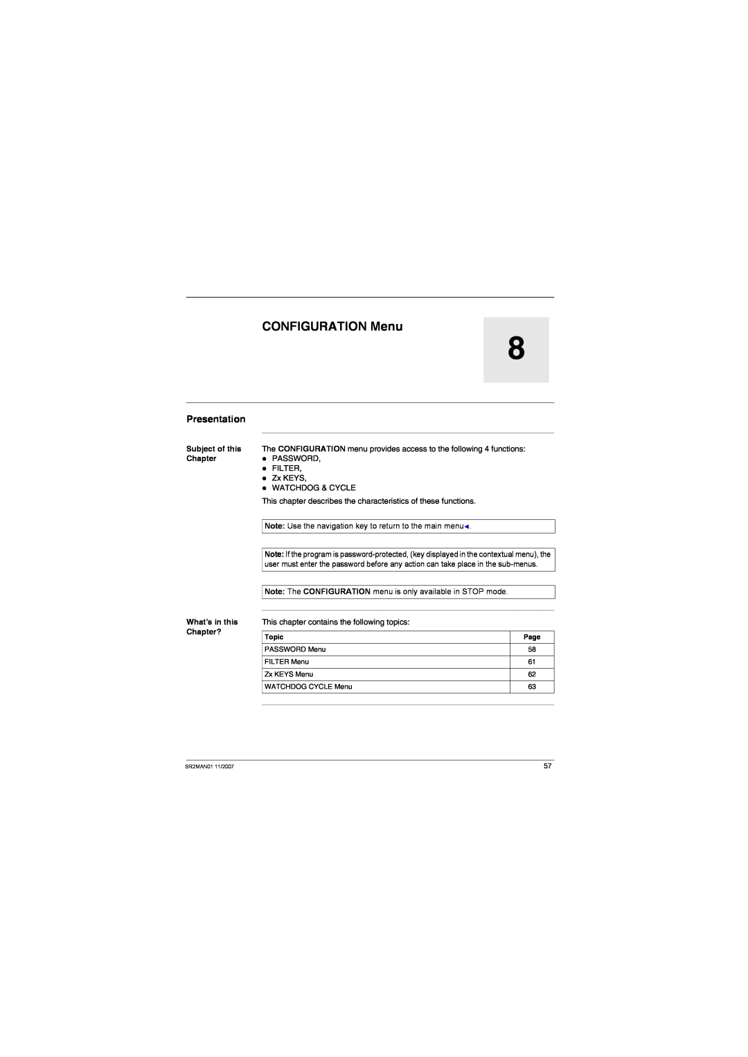 Schneider Electric SR2MAN01 user manual CONFIGURATION Menu, Presentation, Subject of this Chapter Whats in this Chapter? 