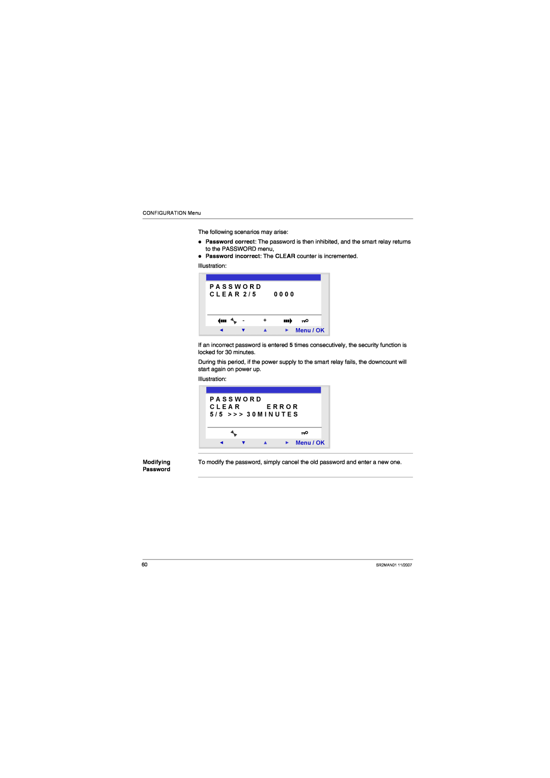 Schneider Electric SR2MAN01 user manual Illustration, Menu / OK, Modifying, Password 