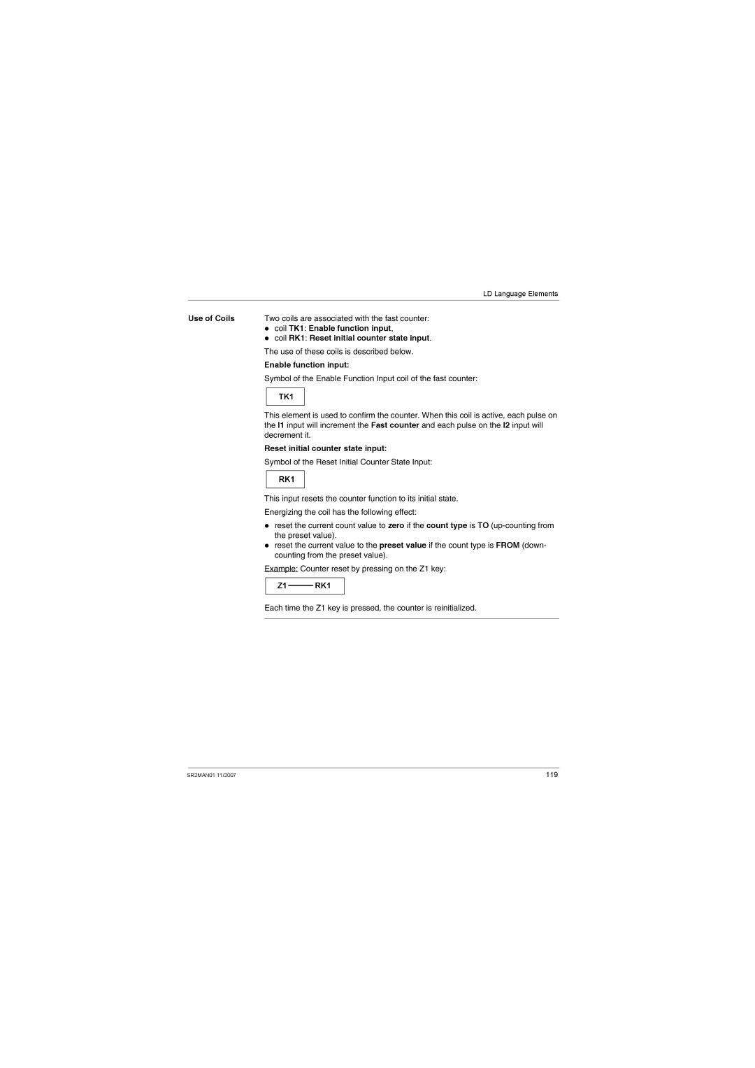 Schneider Electric SR2MAN01 user manual Coil TK1 Enable function input, Coil RK1 Reset initial counter state input 