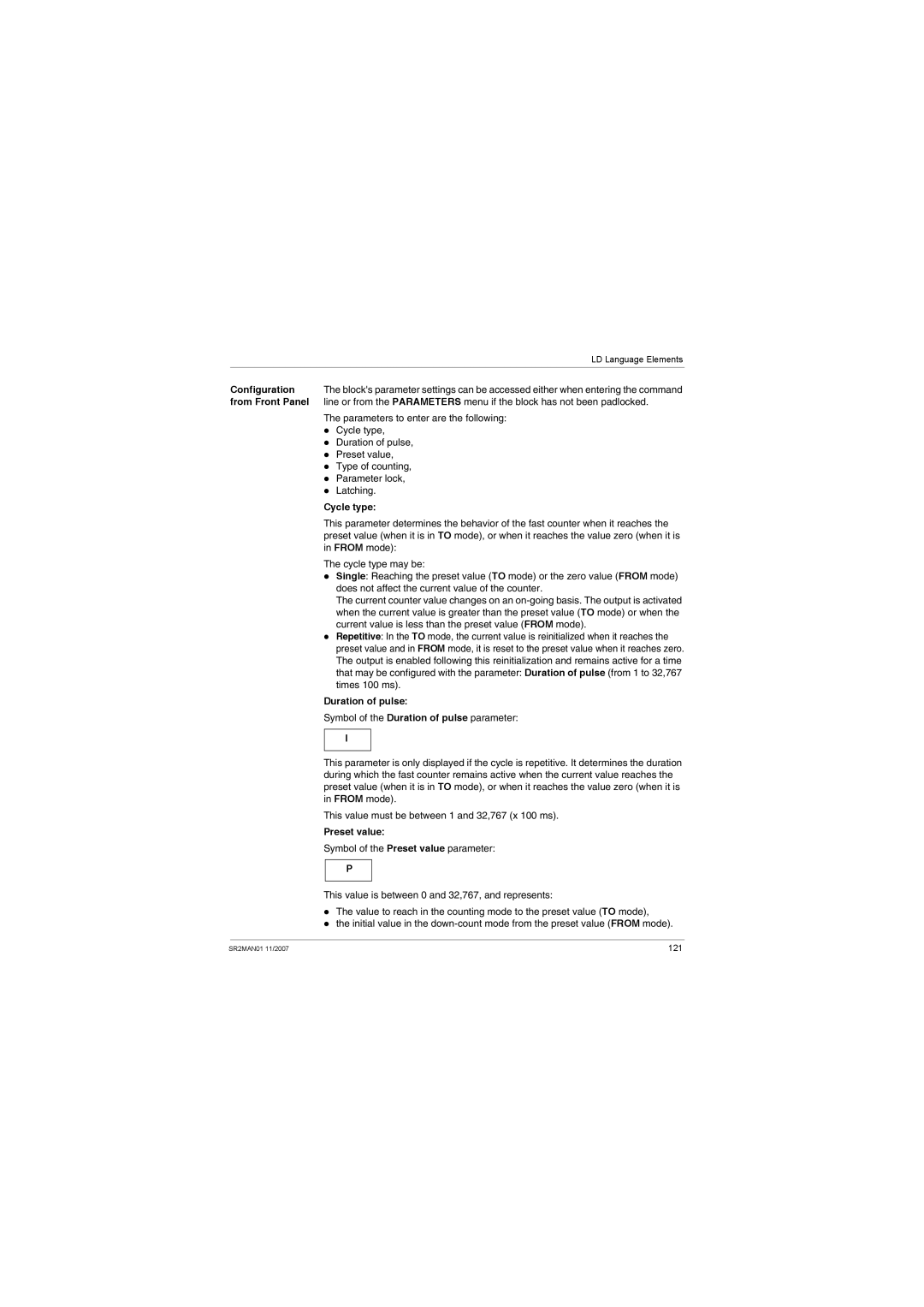 Schneider Electric SR2MAN01 user manual Cycle type, Symbol of the Duration of pulse parameter 