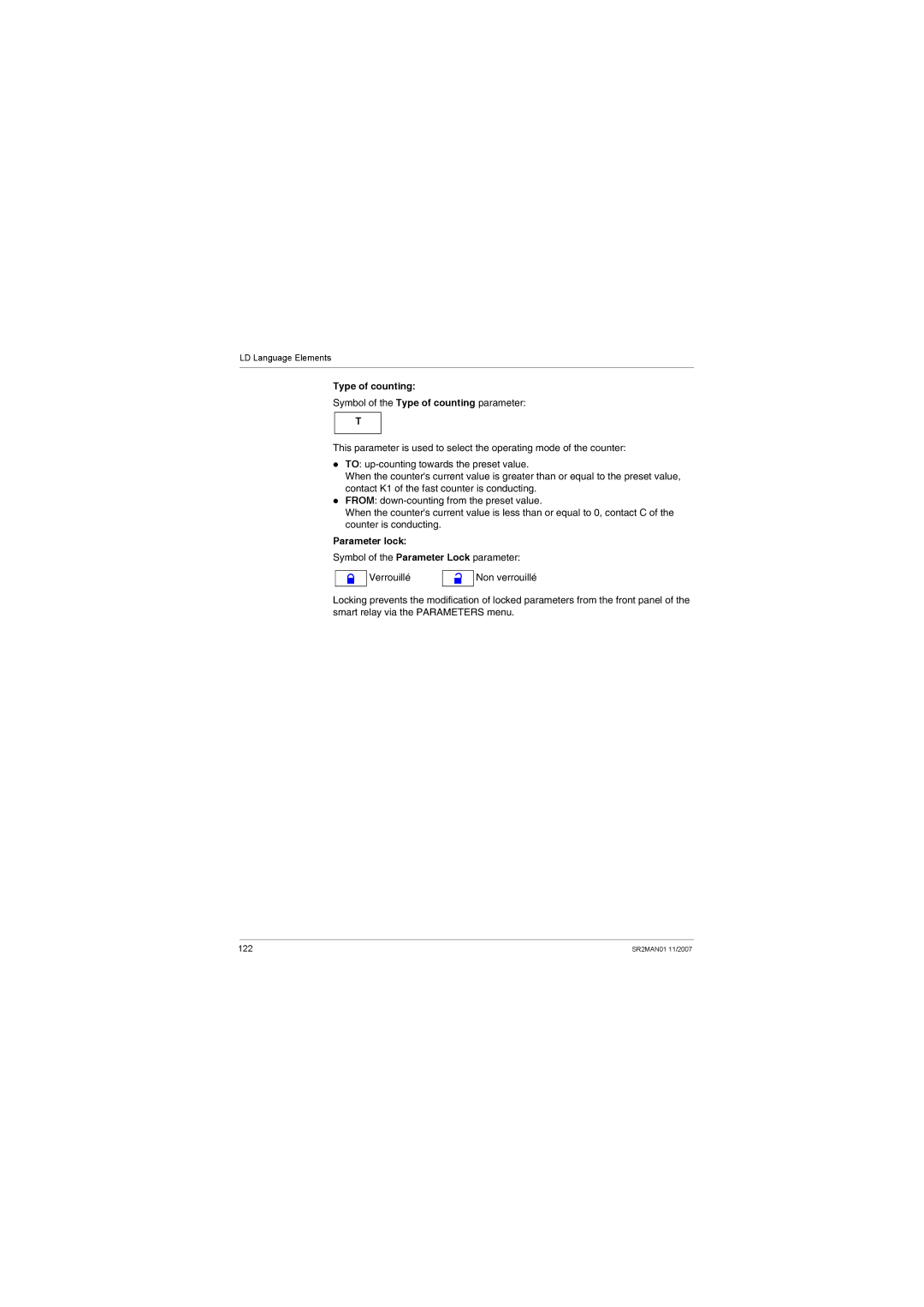 Schneider Electric SR2MAN01 user manual Type of counting, Symbol of the Parameter Lock parameter Verrouillé 