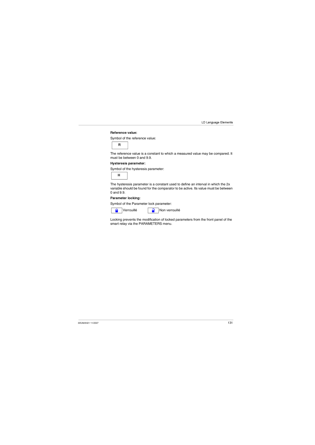 Schneider Electric SR2MAN01 user manual Reference value, Hysteresis parameter, Parameter locking 