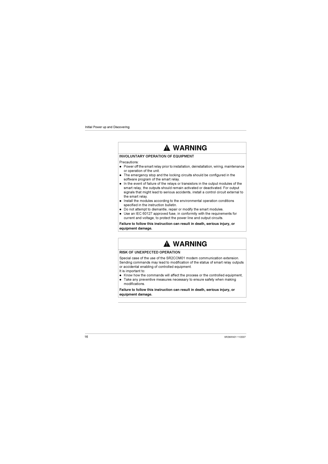 Schneider Electric SR2MAN01 user manual Involuntary Operation of Equipment 