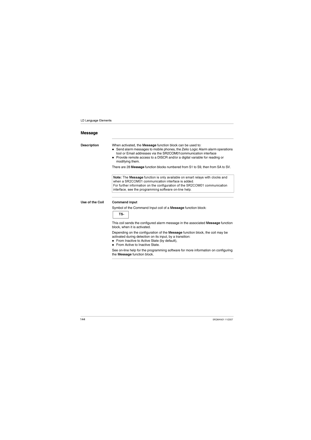 Schneider Electric SR2MAN01 user manual Message, Use of the Coil Command input 