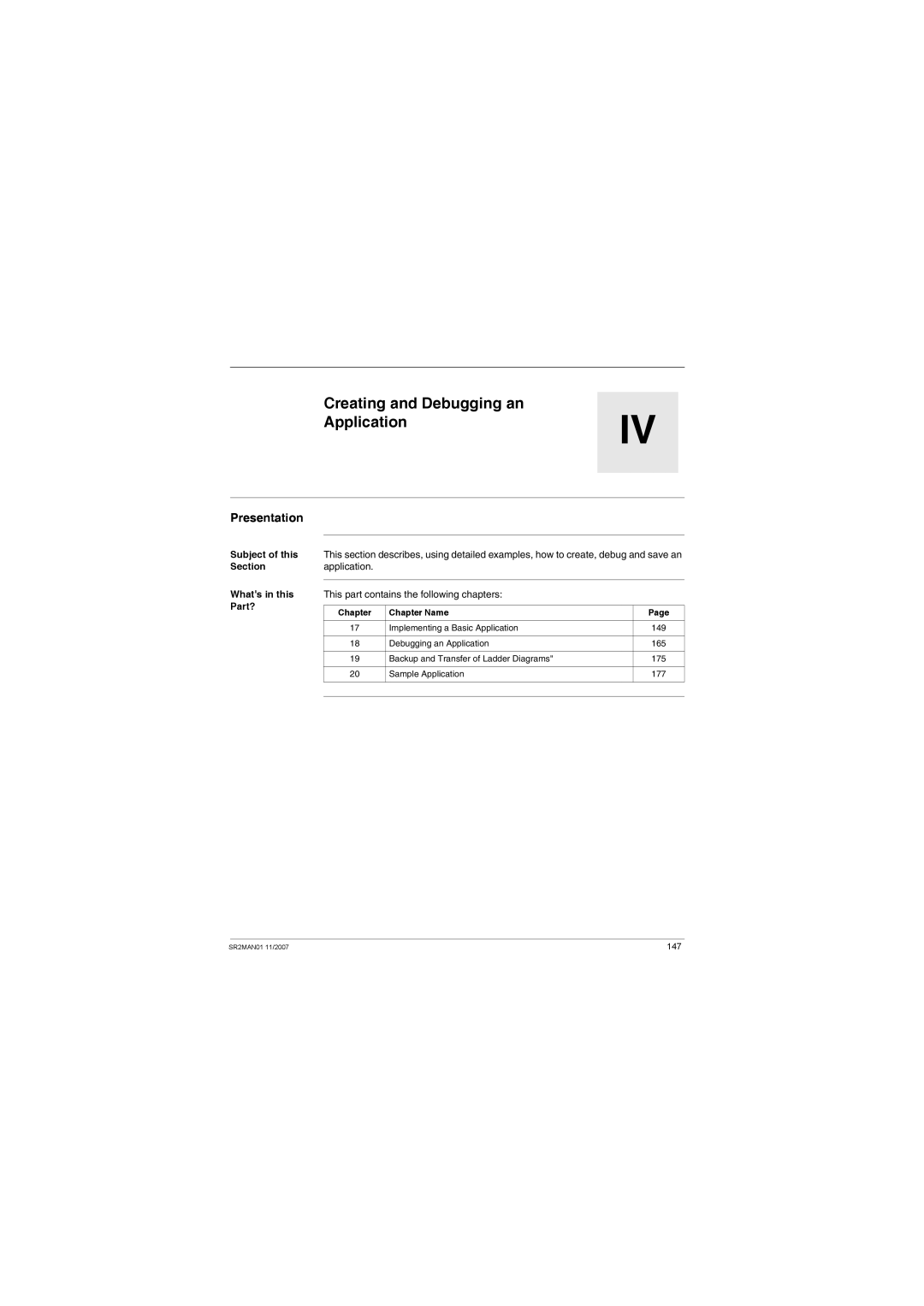 Schneider Electric SR2MAN01 user manual Creating and Debugging an Application, Presentation 