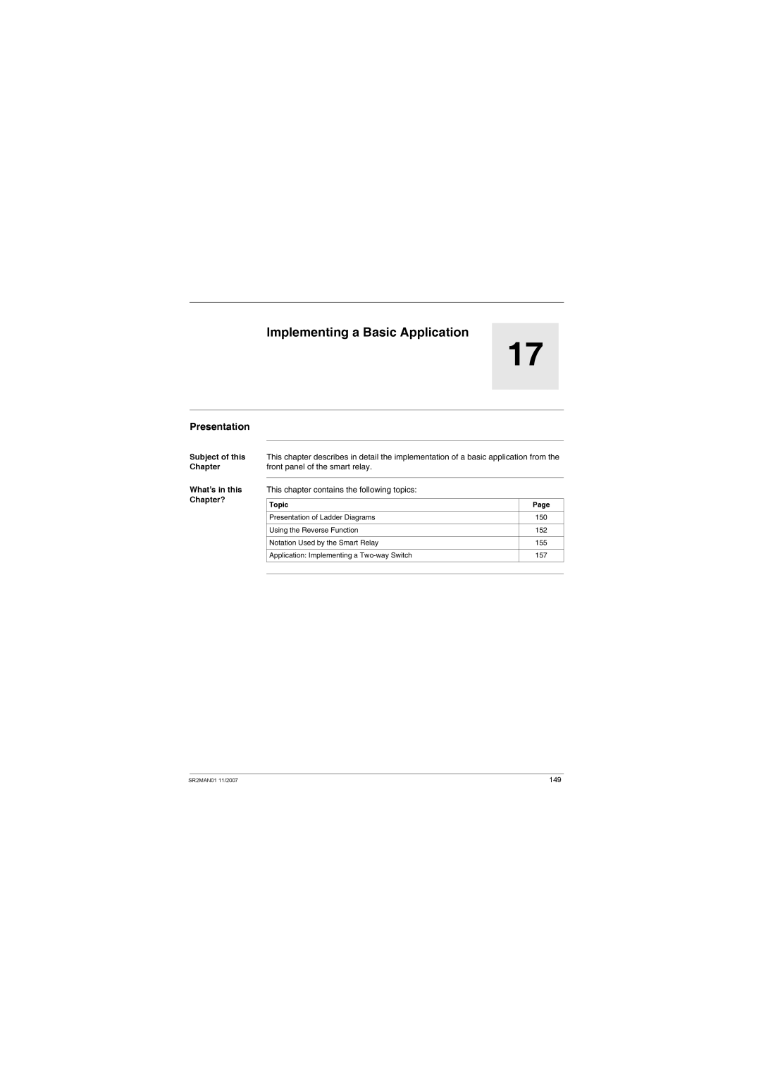 Schneider Electric SR2MAN01 user manual Implementing a Basic Application, Subject of this Chapter Whats in this Chapter? 