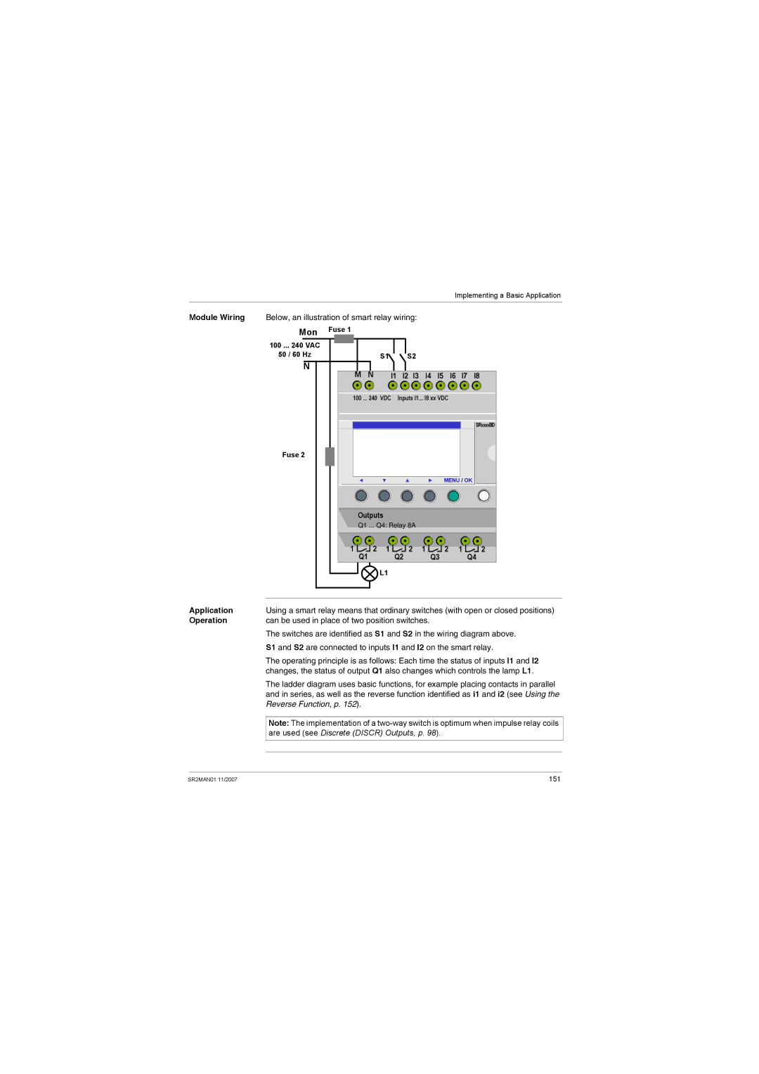 Schneider Electric SR2MAN01 user manual Mon, Module Wiring Below, an illustration of smart relay wiring 