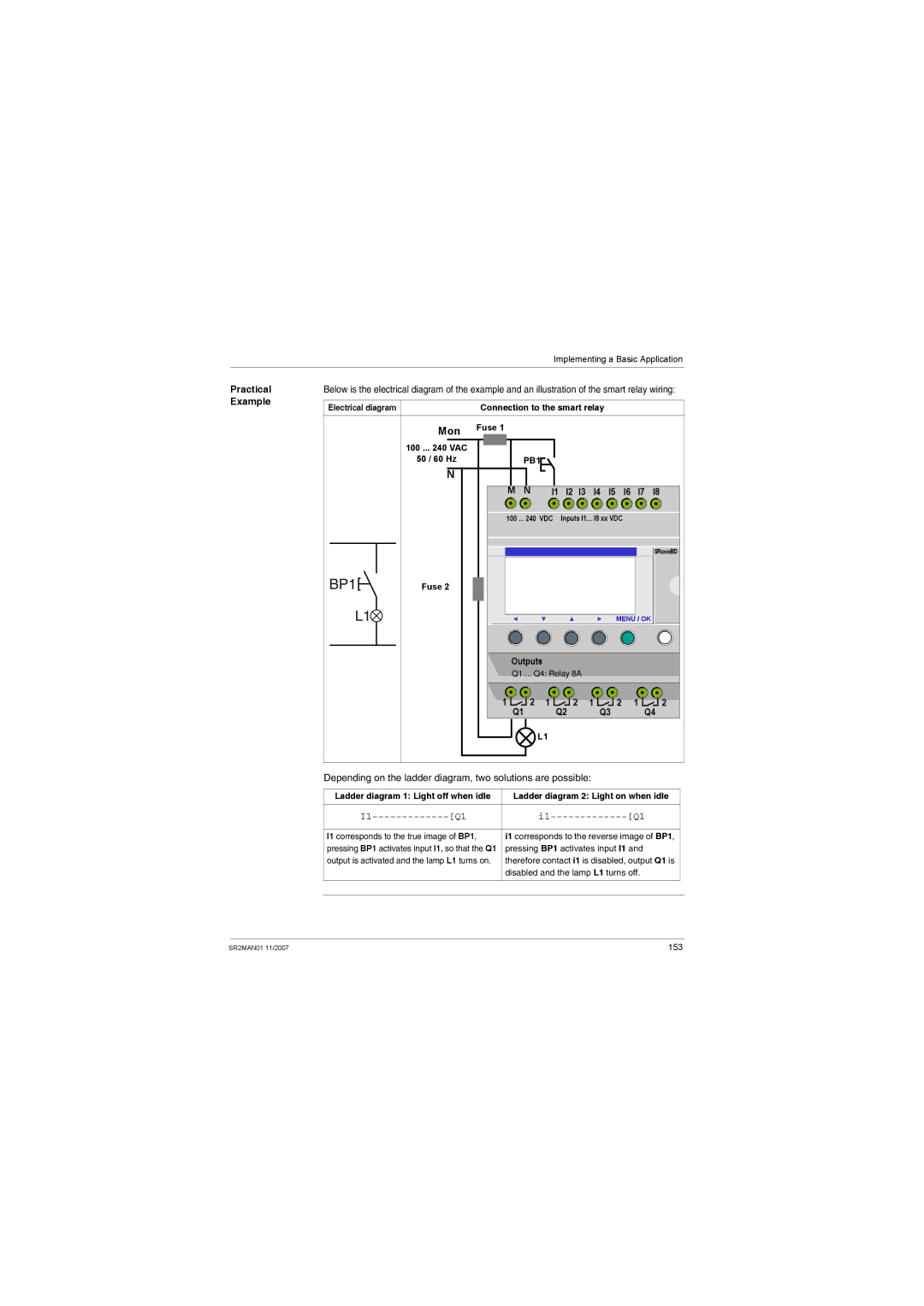 Schneider Electric SR2MAN01 user manual Practical Example, Electrical diagram Connection to the smart relay 