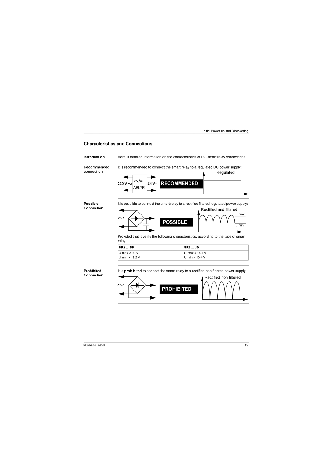 Schneider Electric SR2MAN01 user manual Characteristics and Connections, Regulated, Rectified and filtered 