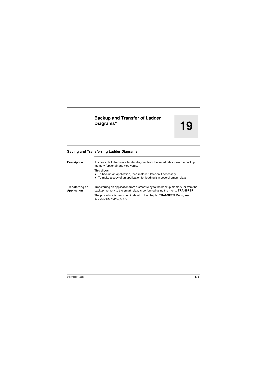 Schneider Electric SR2MAN01 Backup and Transfer of Ladder Diagrams19, Saving and Transferring Ladder Diagrams, This allows 