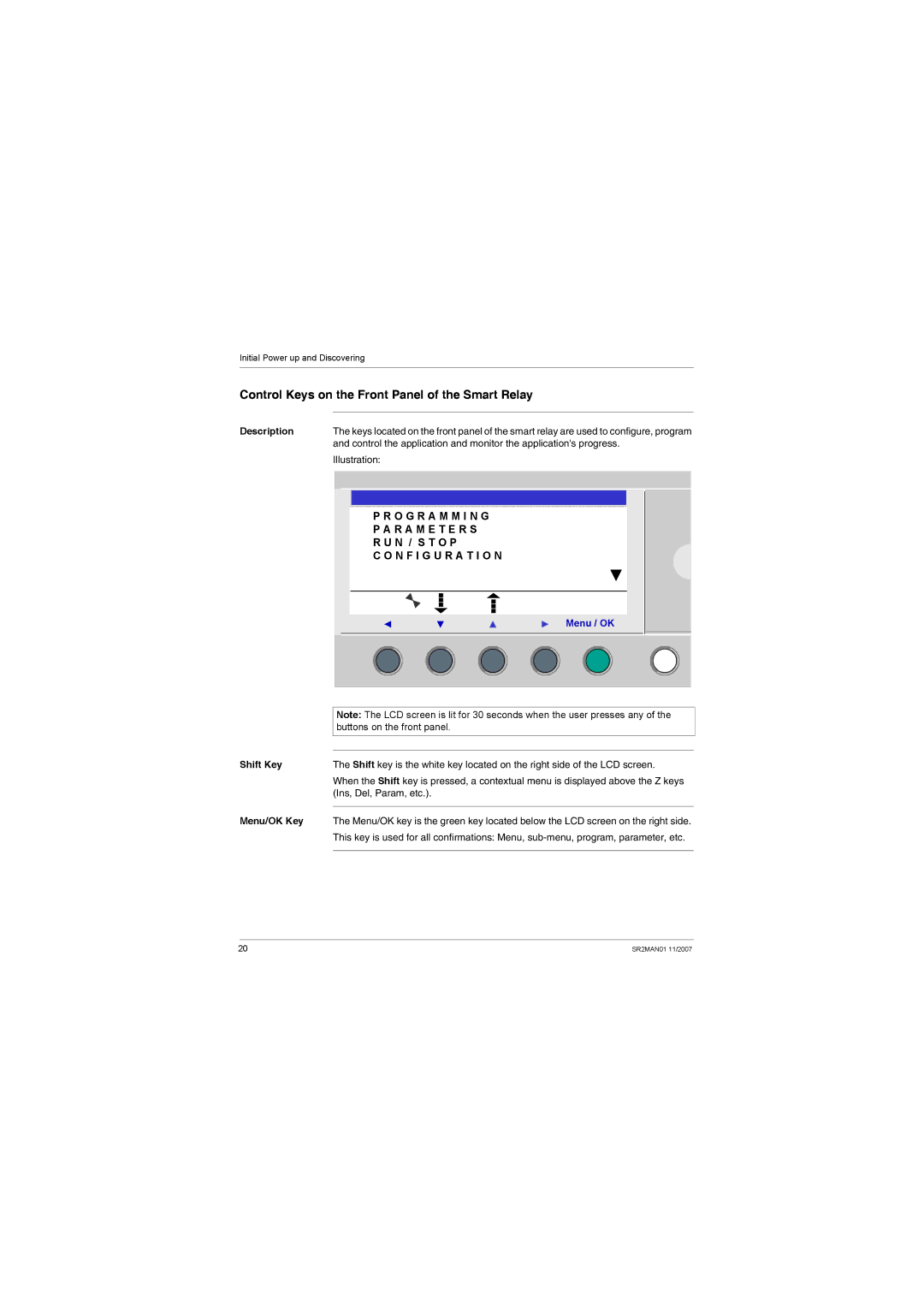 Schneider Electric SR2MAN01 Control Keys on the Front Panel of the Smart Relay, N / S T O P, Shift Key, Menu/OK Key 