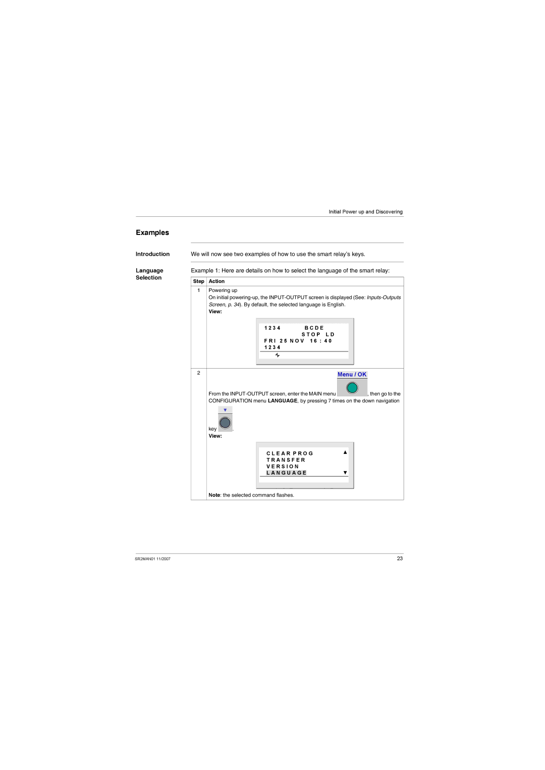 Schneider Electric SR2MAN01 user manual Examples, Introduction Language Selection, Step Action, View 