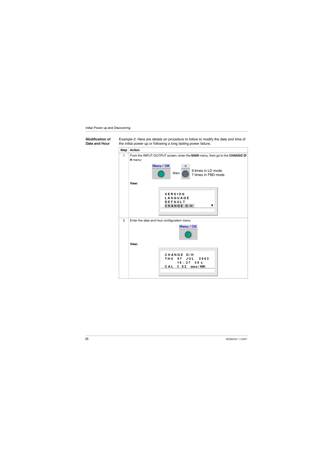 Schneider Electric SR2MAN01 user manual Modification of Date and Hour, Then Times in LD mode 