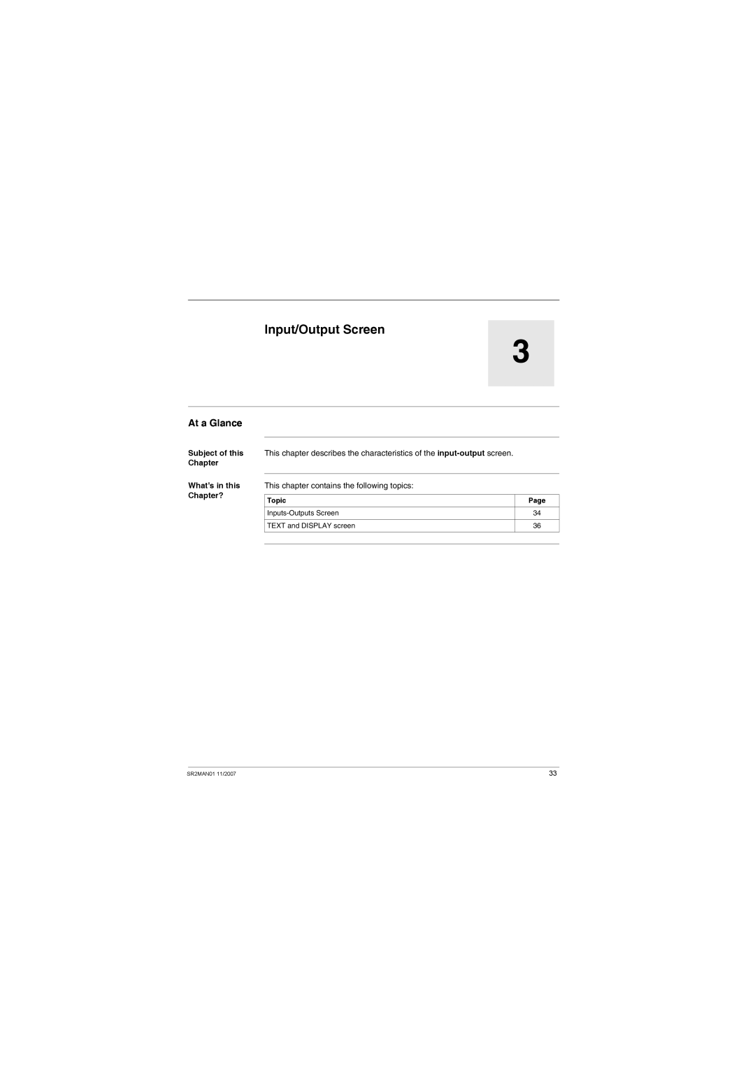 Schneider Electric SR2MAN01 user manual Input/Output Screen, At a Glance 