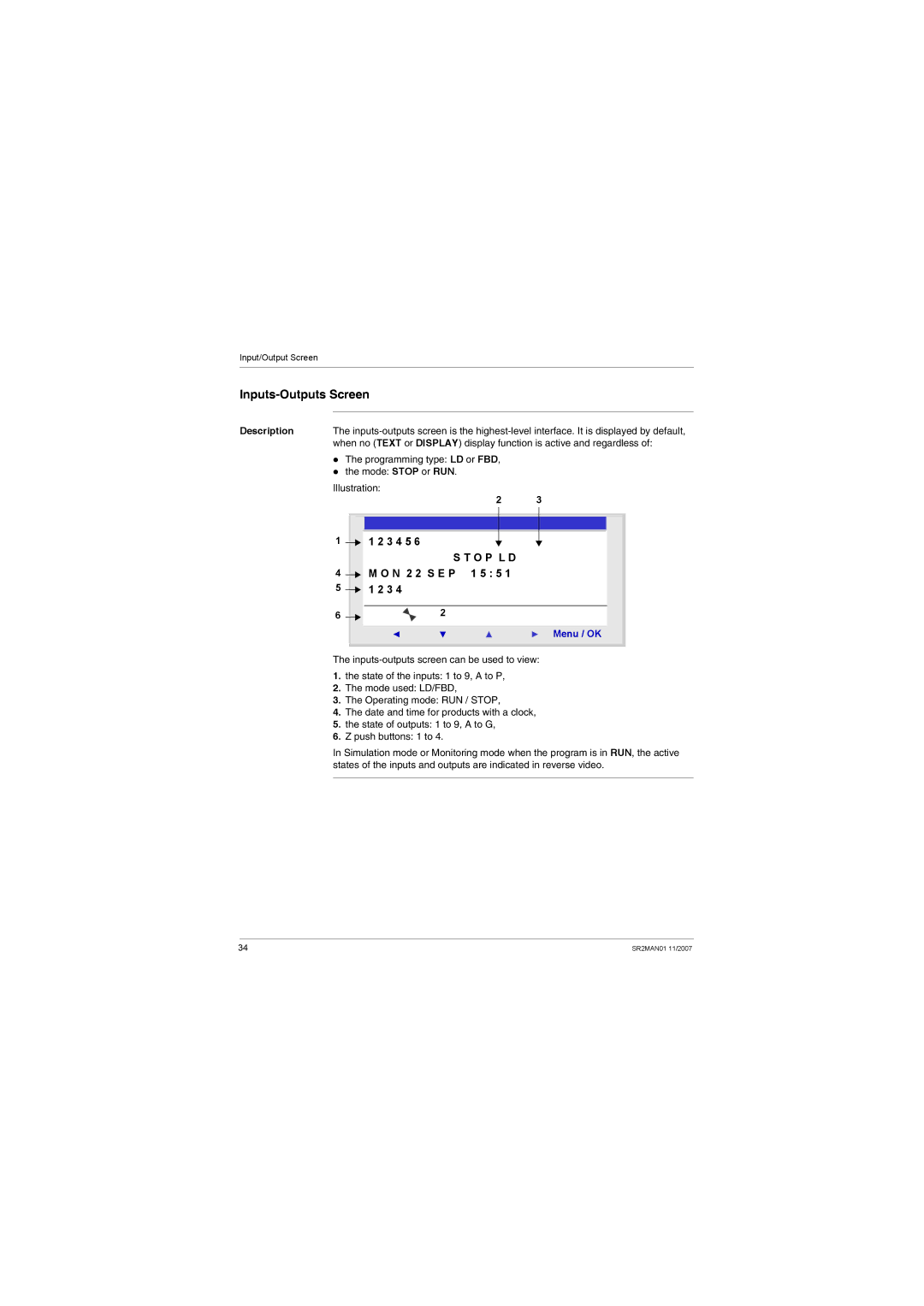 Schneider Electric SR2MAN01 Inputs-Outputs Screen, 3 4 5, N 2 2 S E P 1 5 5, Programming type LD or FBD Mode Stop or RUN 