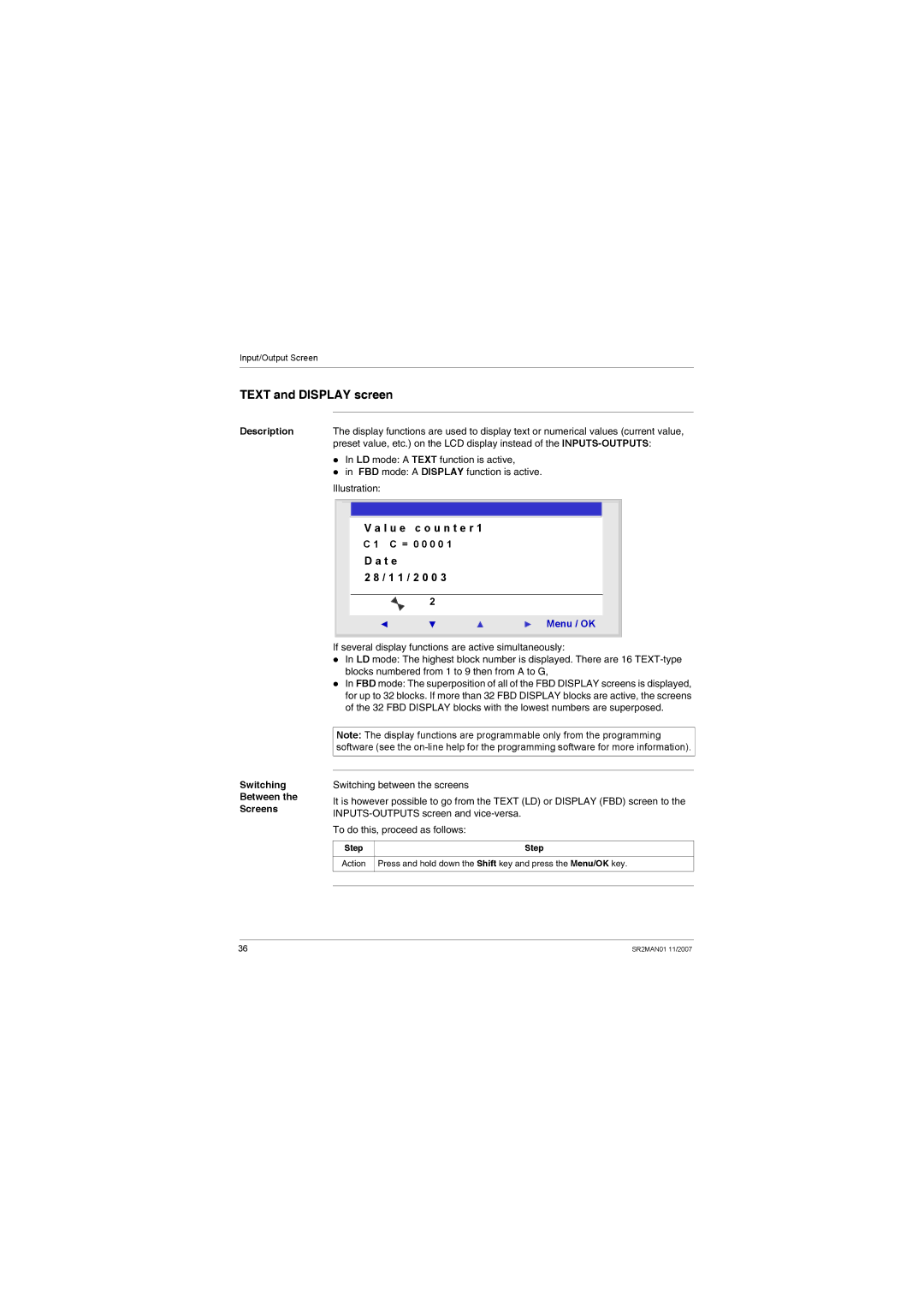 Schneider Electric SR2MAN01 Text and Display screen, L u e c o u n t e r, T e 1 1 / 2 0 0, Switching Between Screens 