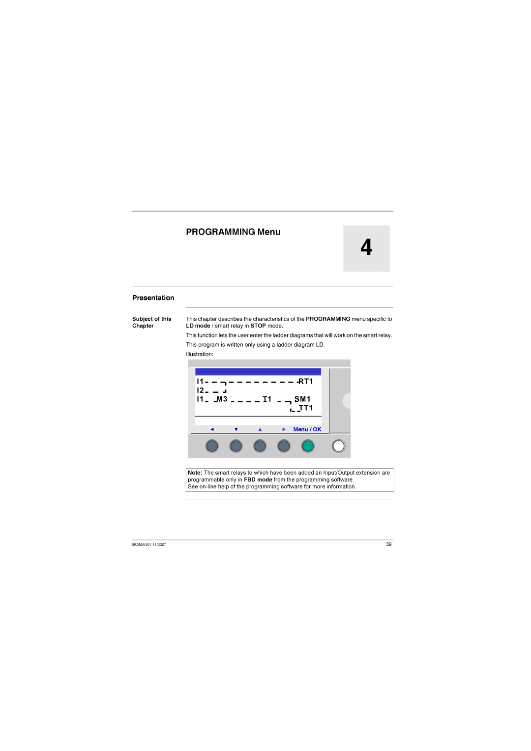 Schneider Electric SR2MAN01 user manual Programming Menu, Subject of this Chapter 