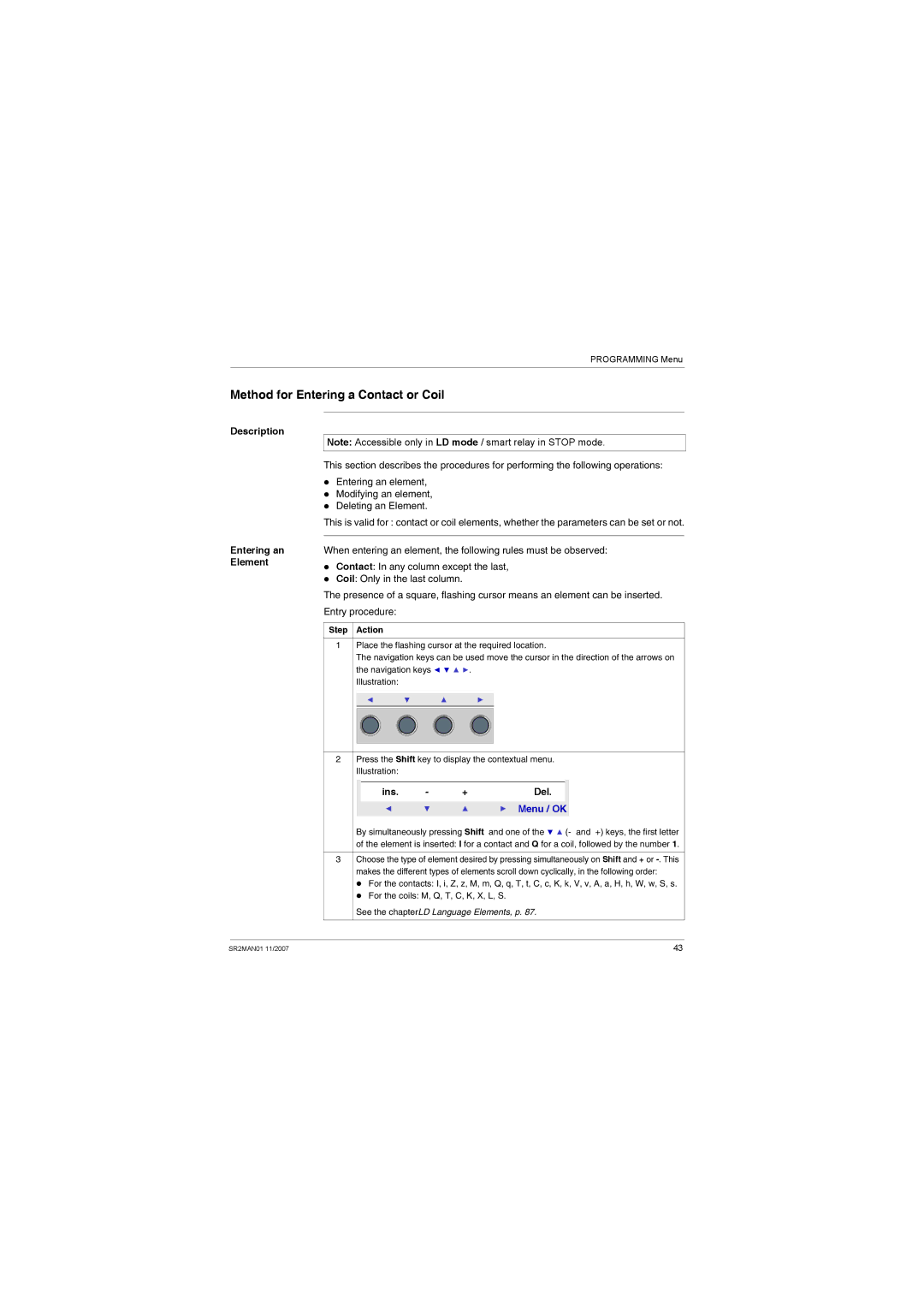 Schneider Electric SR2MAN01 user manual Method for Entering a Contact or Coil, Description Entering an Element, Ins Del 